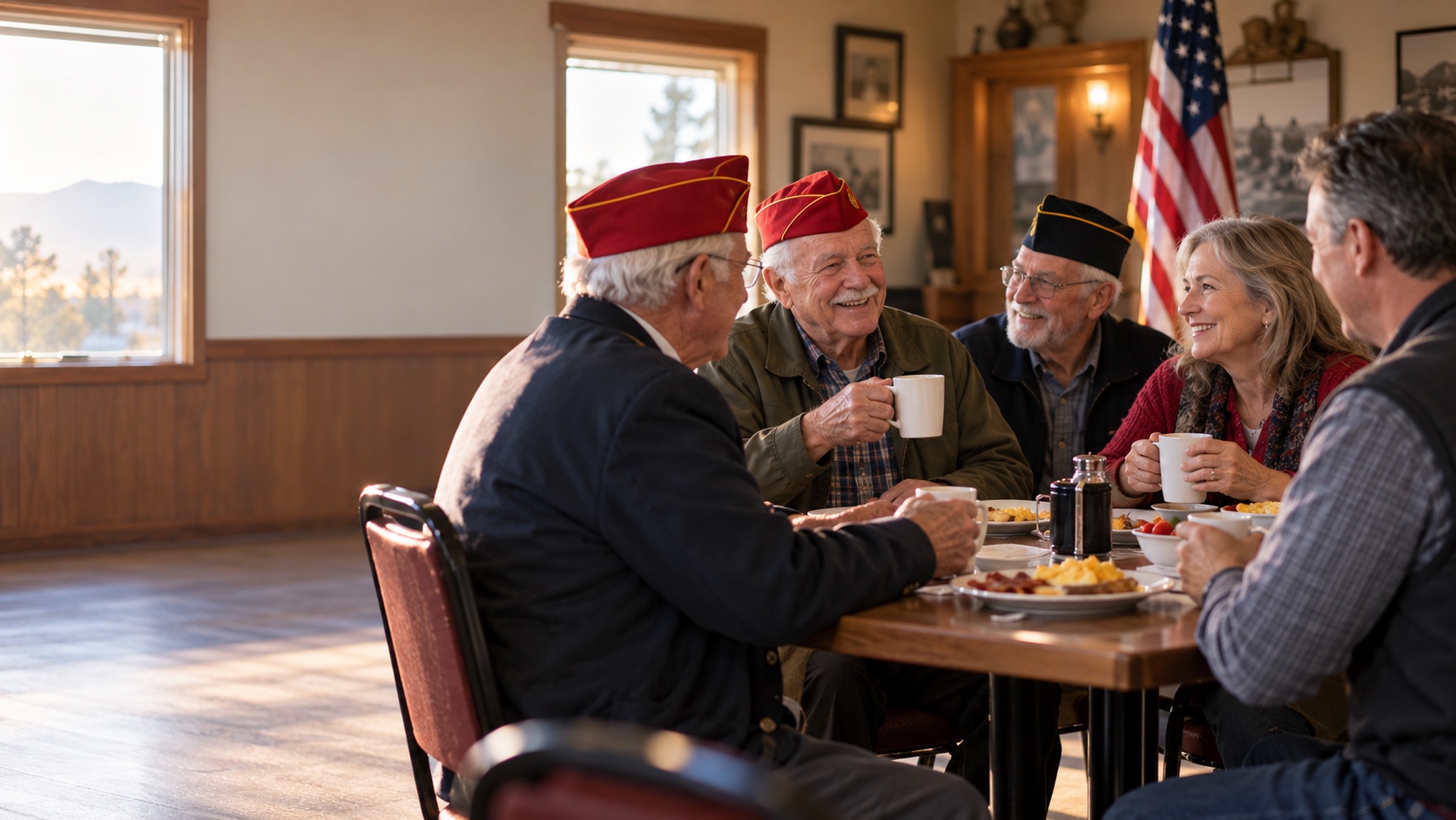 Veterans and family members sharing coffee and conversation at a community gathering