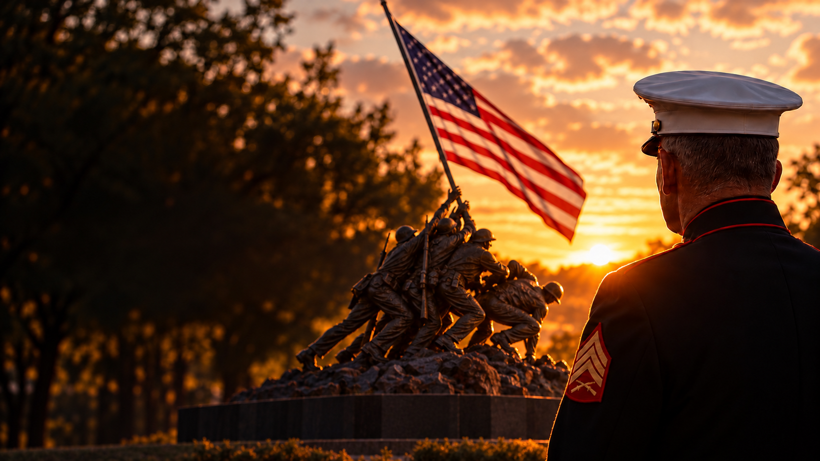 A Marine veteran watches the bronze Iwo Jima flag-raising memorial at sunset