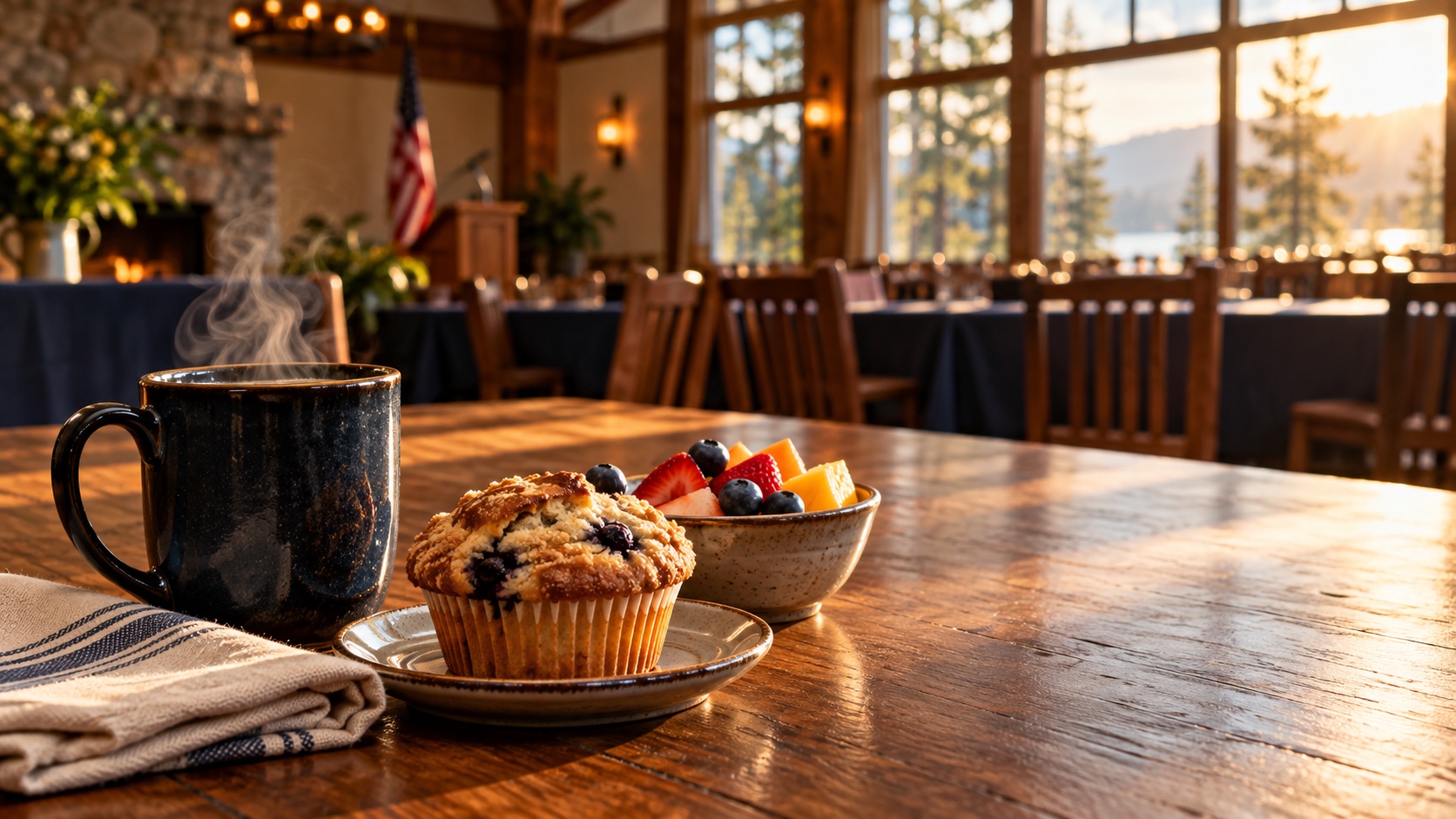 Coffee and breakfast set out in a warm community meeting hall
