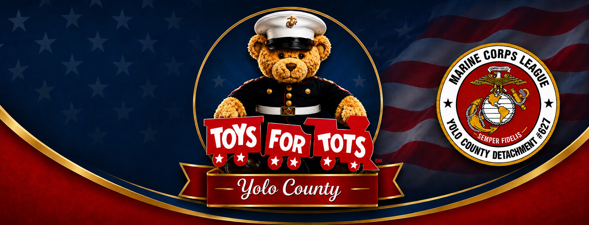 Toys for Tots Yolo County banner featuring a Marine teddy bear and the Detachment 627 seal